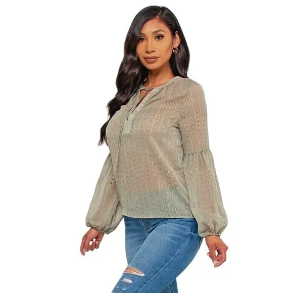 NWT Boho Blouse Sheer Sage Green & Metallic Gold  Top Shirt Puff Sleeve by RBJ - Picture 4 of 4